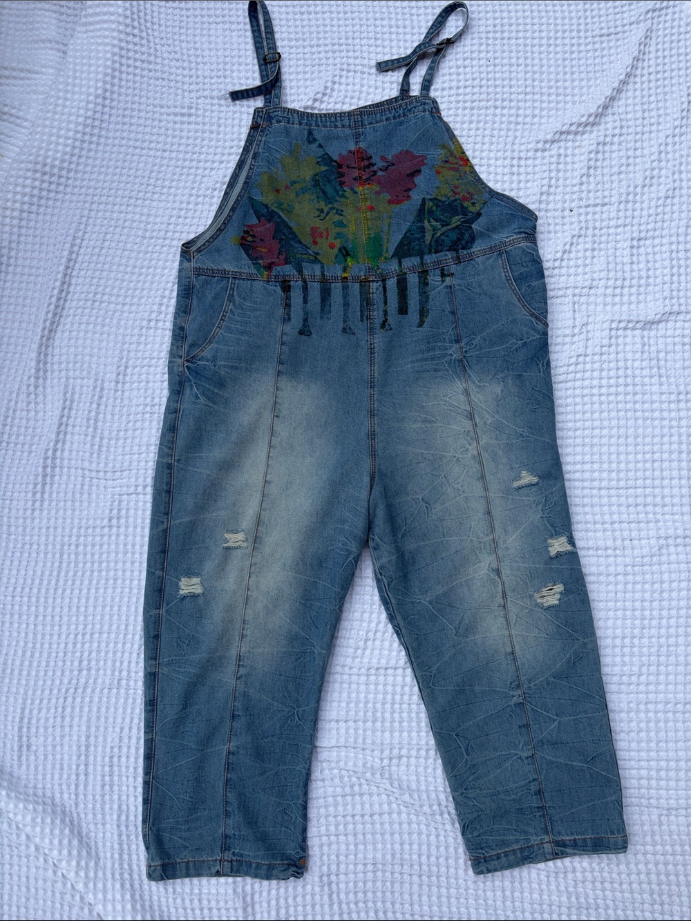 YESNO XL Cropped Denim Overalls Distressed Paint Splatter Boho Wide Leg